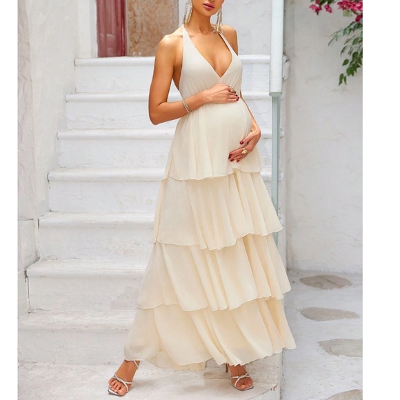 Maternity Halter Neck Tie Layered Chiffon maxi Dress - Picture 2 of 4